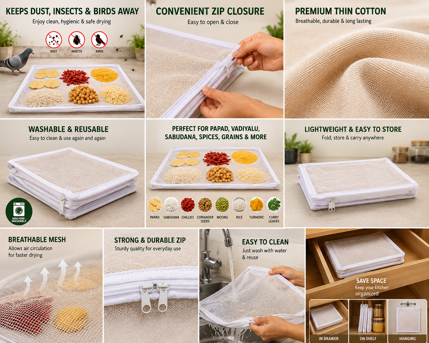 Papad Drying Cloth with Net & Zip | 28 x 31 Inch Breathable Mesh Food Drying Cover | Washable & Reusable