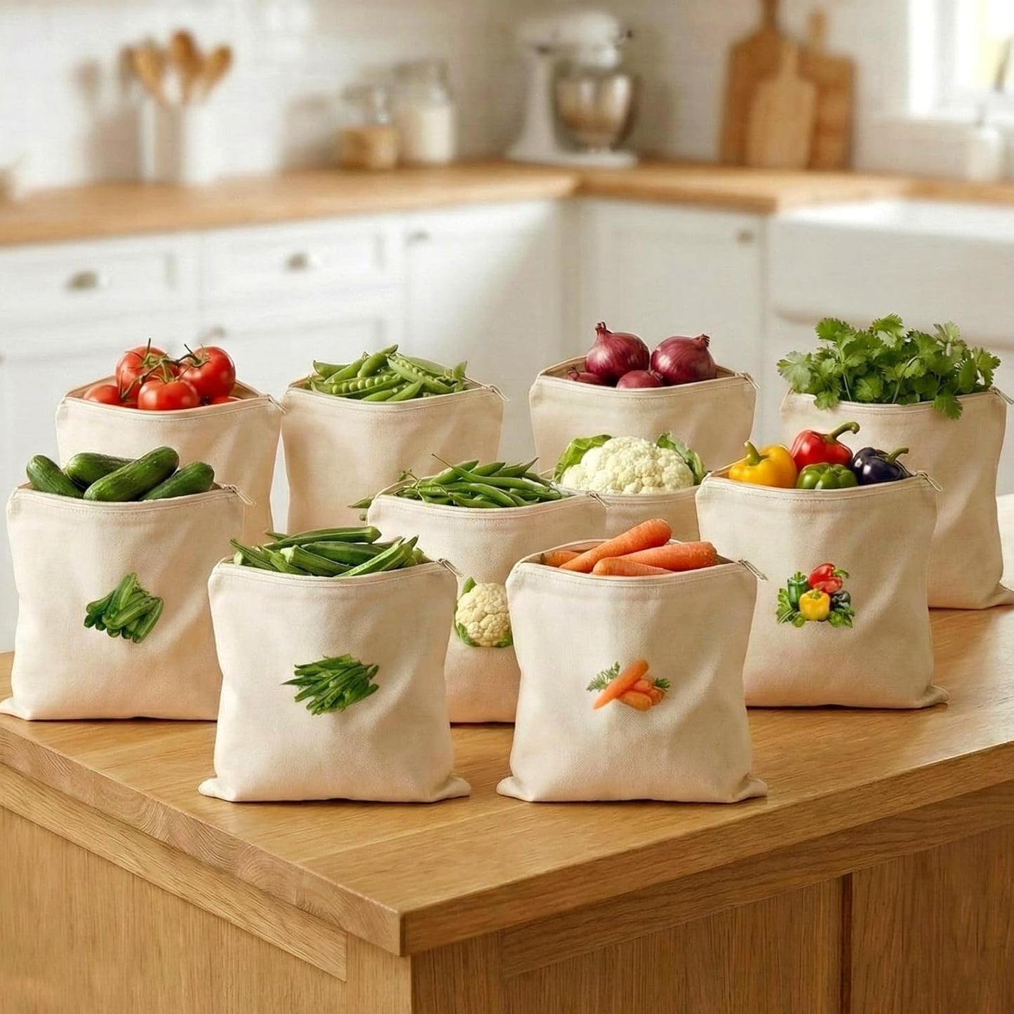 Reusable Cotton Vegetable Storage Bags for Fridge
