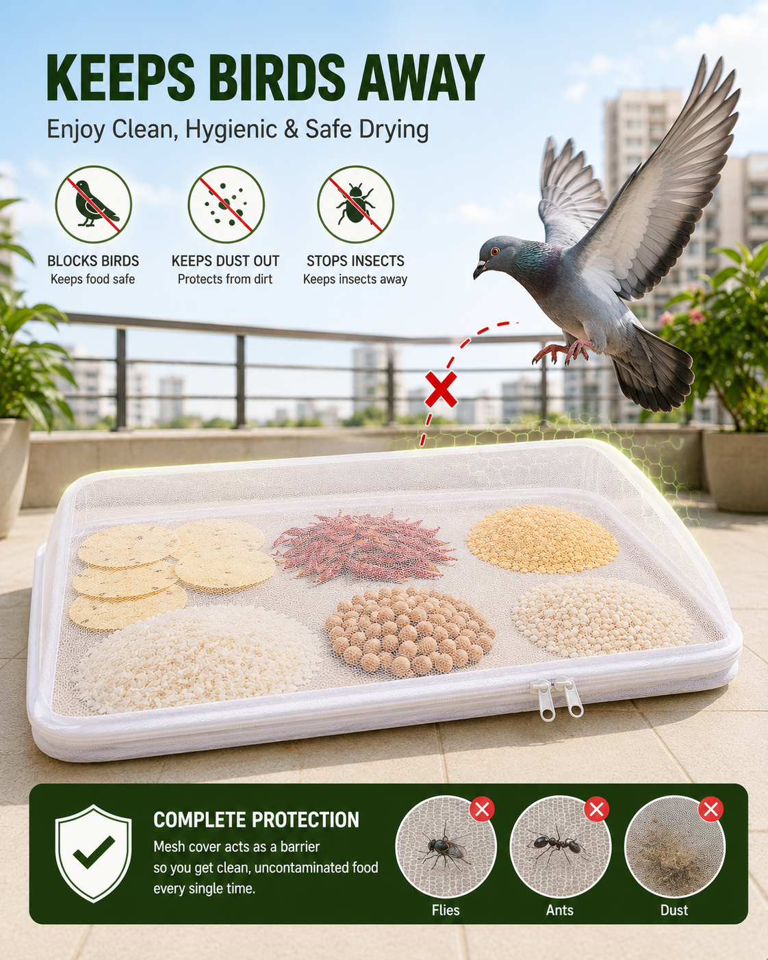 Papad Drying Cloth with Net & Zip | 28 x 31 Inch Breathable Mesh Food Drying Cover | Washable & Reusable