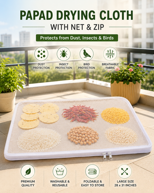 Papad Drying Cloth with Net & Zip | 28 x 31 Inch Breathable Mesh Food Drying Cover | Washable & Reusable