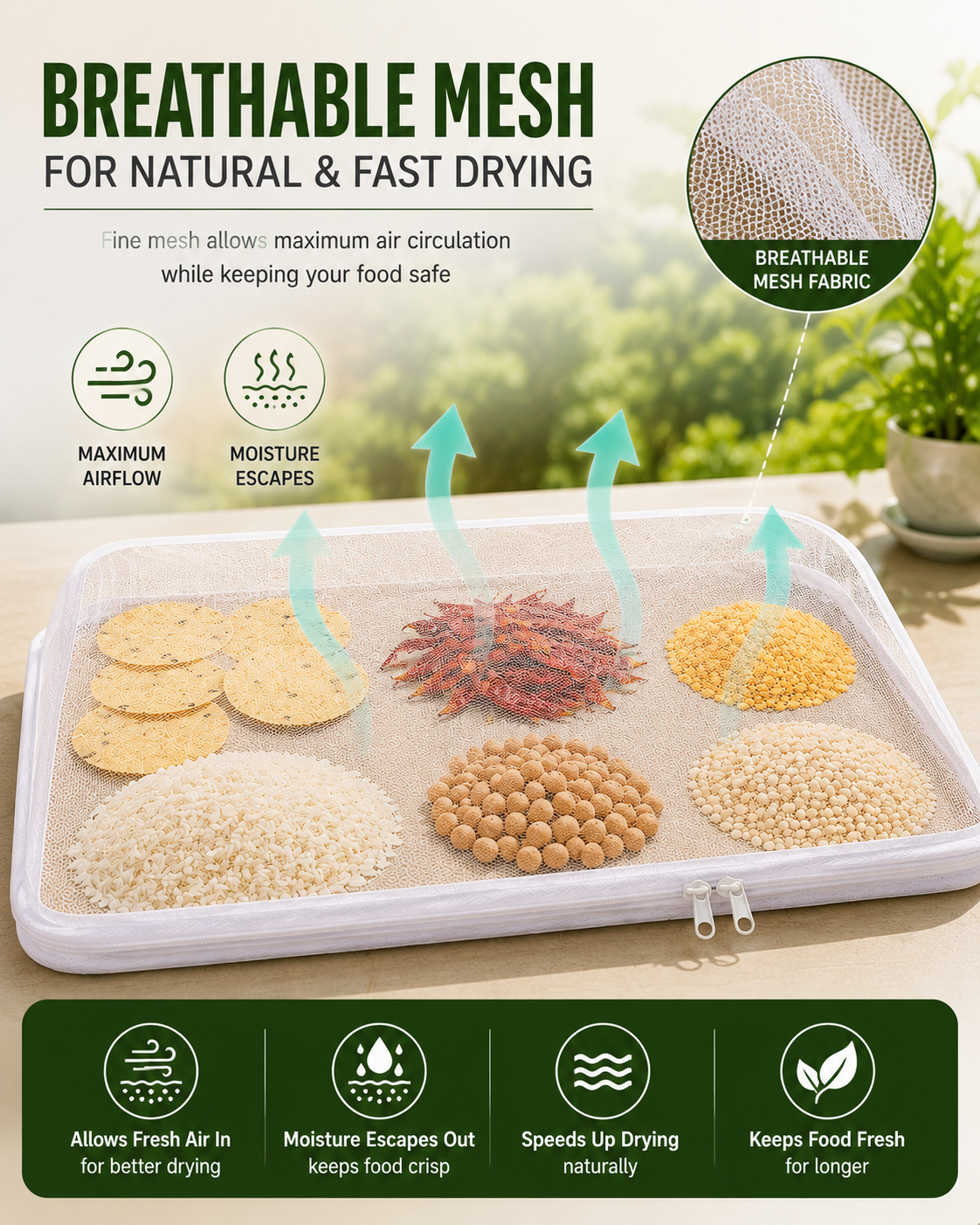 Papad Drying Cloth with Net & Zip | 28 x 31 Inch Breathable Mesh Food Drying Cover | Washable & Reusable