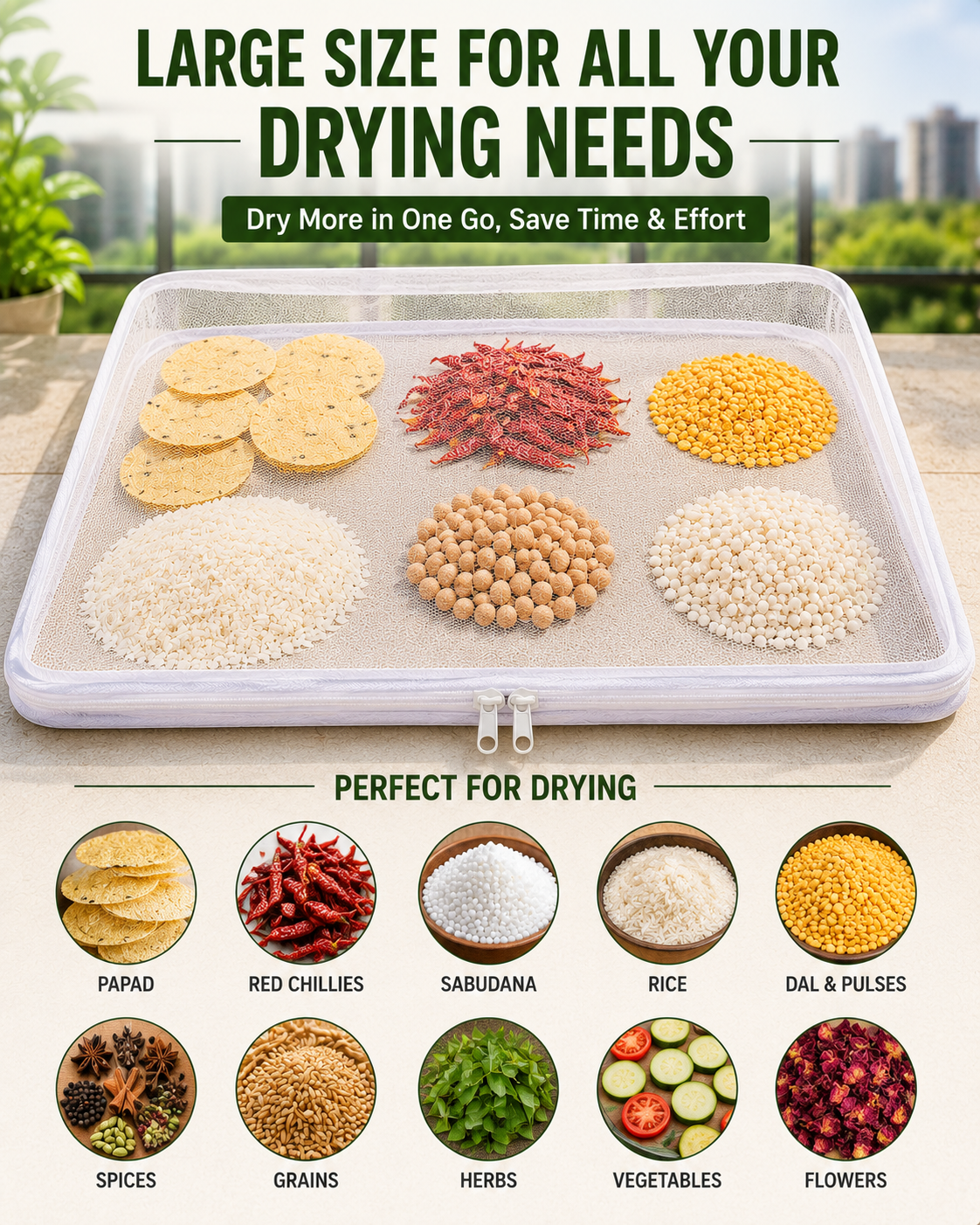 Papad Drying Cloth with Net & Zip | 28 x 31 Inch Breathable Mesh Food Drying Cover | Washable & Reusable