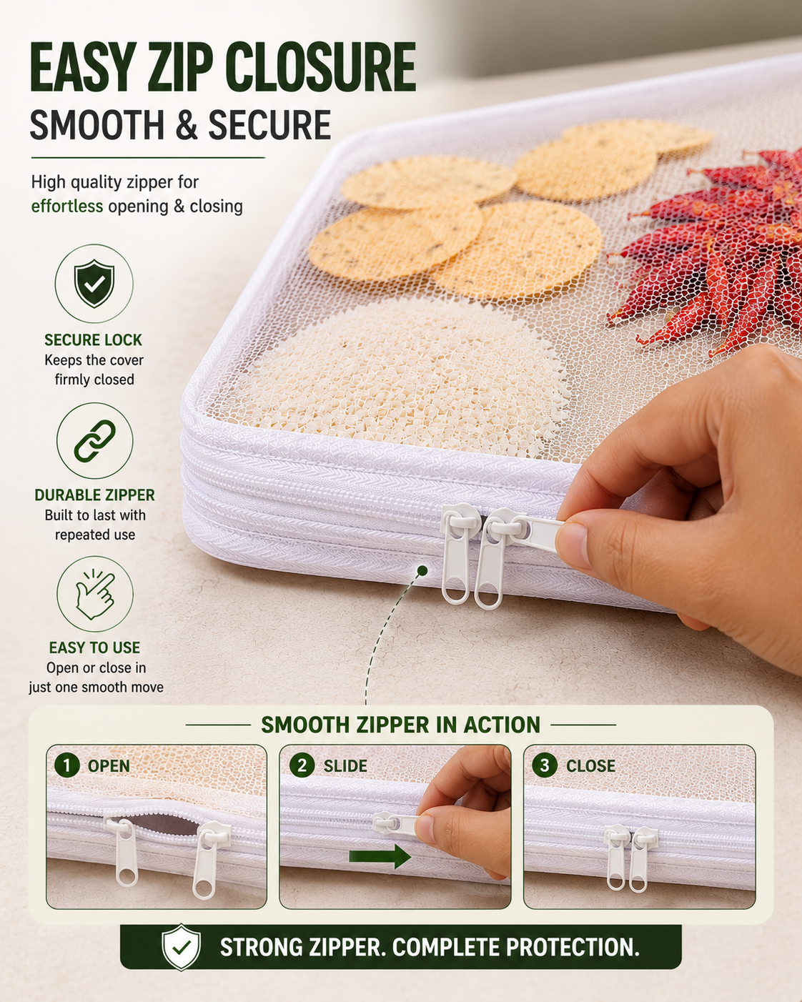 Papad Drying Cloth with Net & Zip | 28 x 31 Inch Breathable Mesh Food Drying Cover | Washable & Reusable