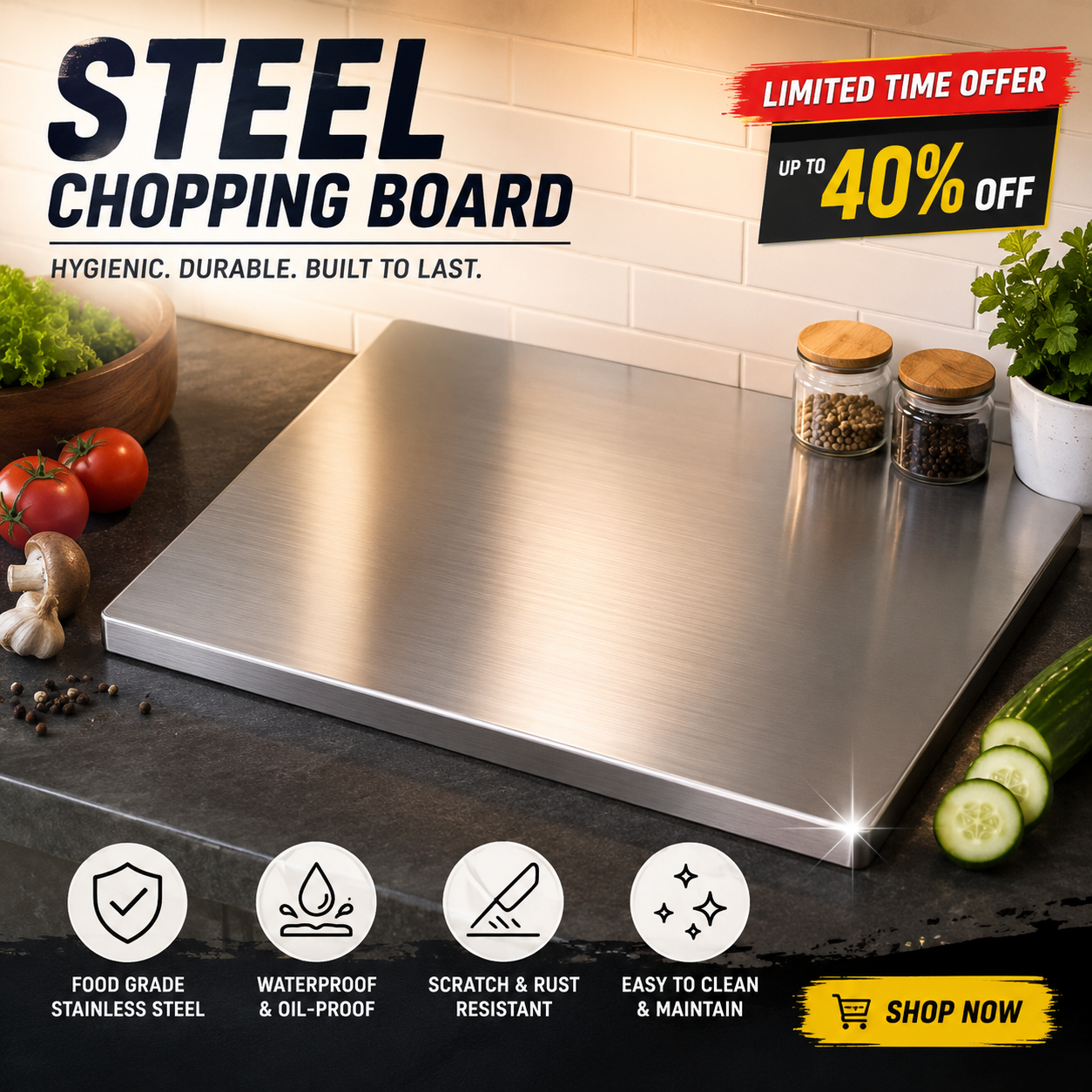 Premium Stainless Steel Countertop Chopping Board | Food-Grade Kitchen Cutting Board