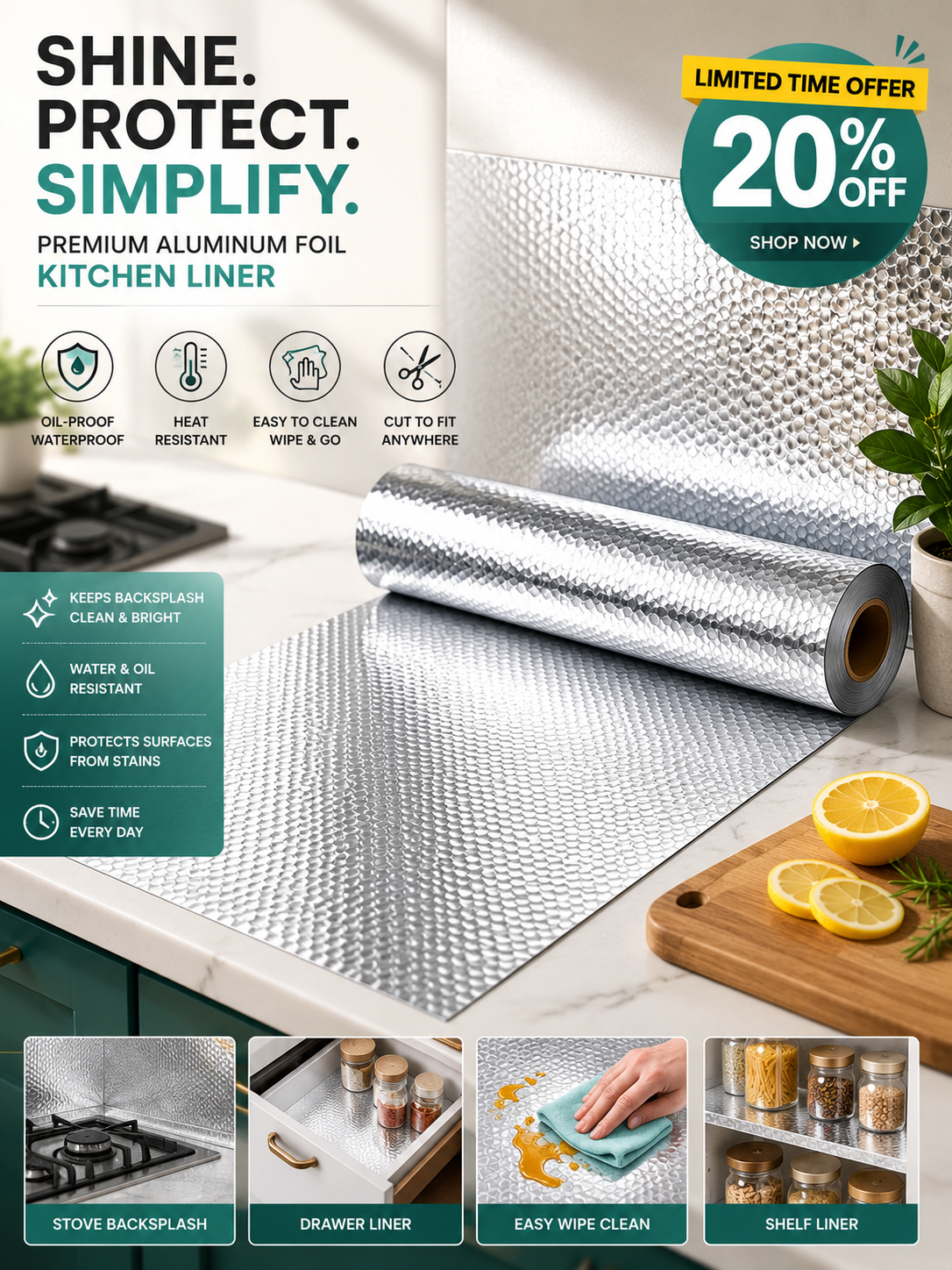 Self-Adhesive Aluminum Foil Kitchen Backsplash Roll | Oil & Waterproof | Heat Resistant | Easy Peel & Stick