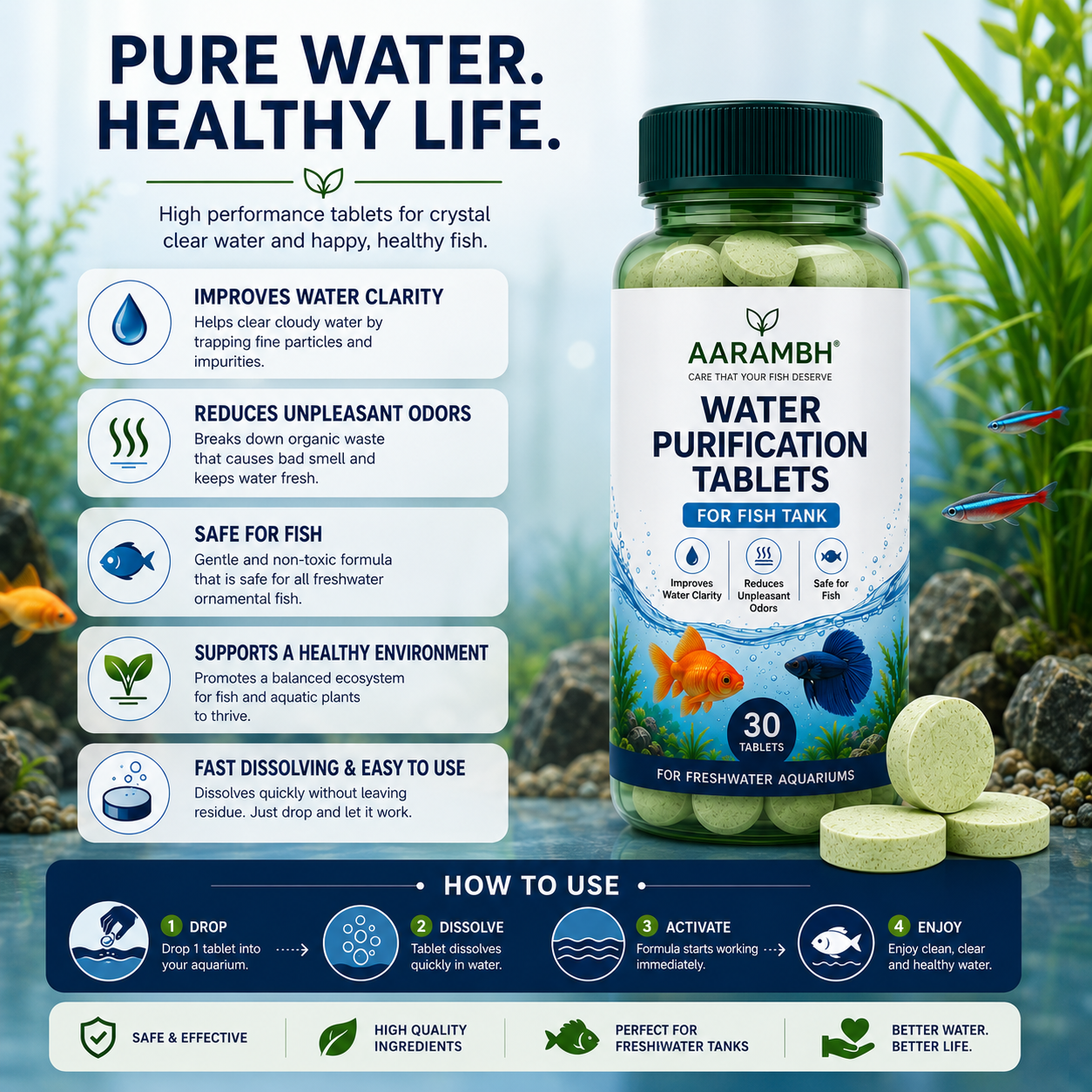 Aquarium Water Purification Tablets | Fish Tank Water Cleaner | Odor Control & Clear Water (35 Tablets)