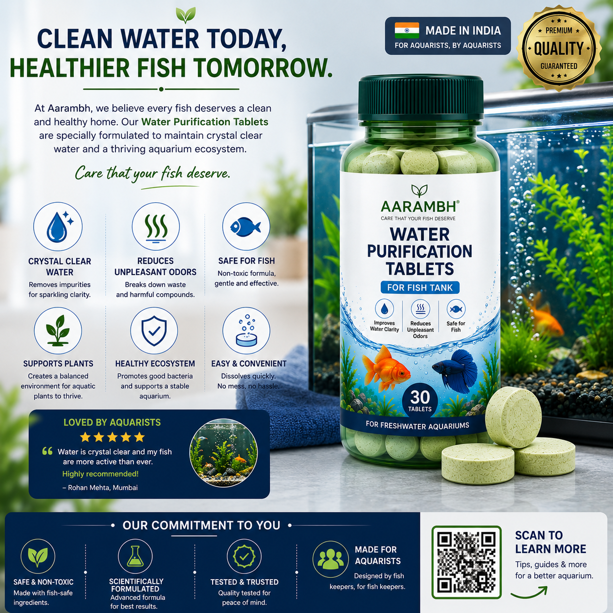 Aquarium Water Purification Tablets | Fish Tank Water Cleaner | Odor Control & Clear Water (35 Tablets)