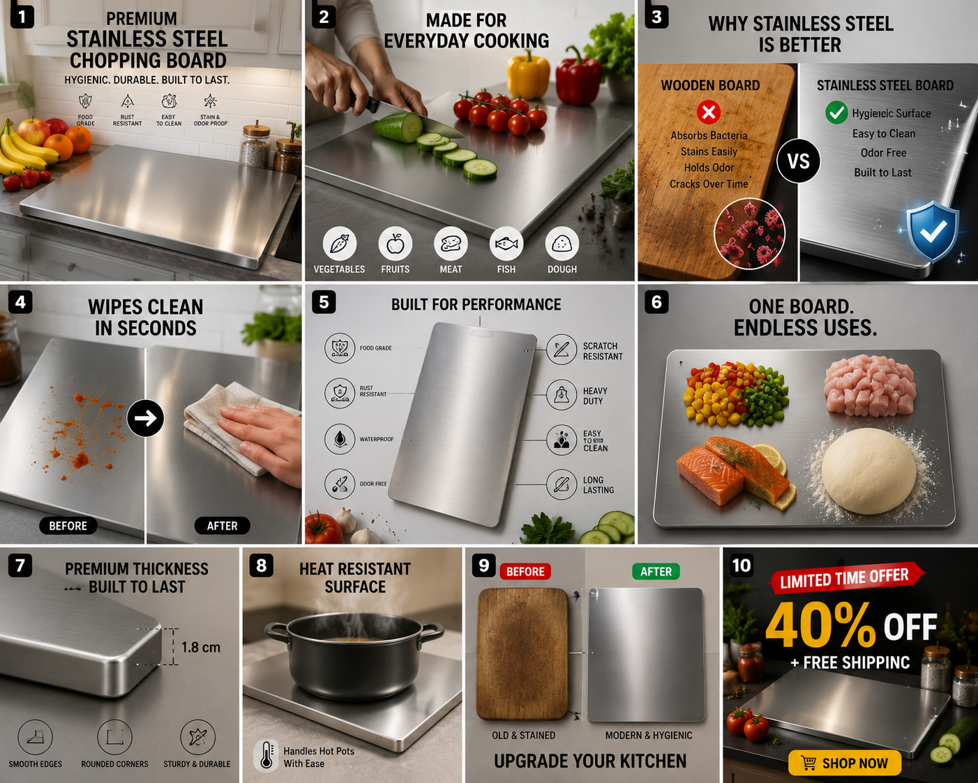 Premium Stainless Steel Countertop Chopping Board | Food-Grade Kitchen Cutting Board