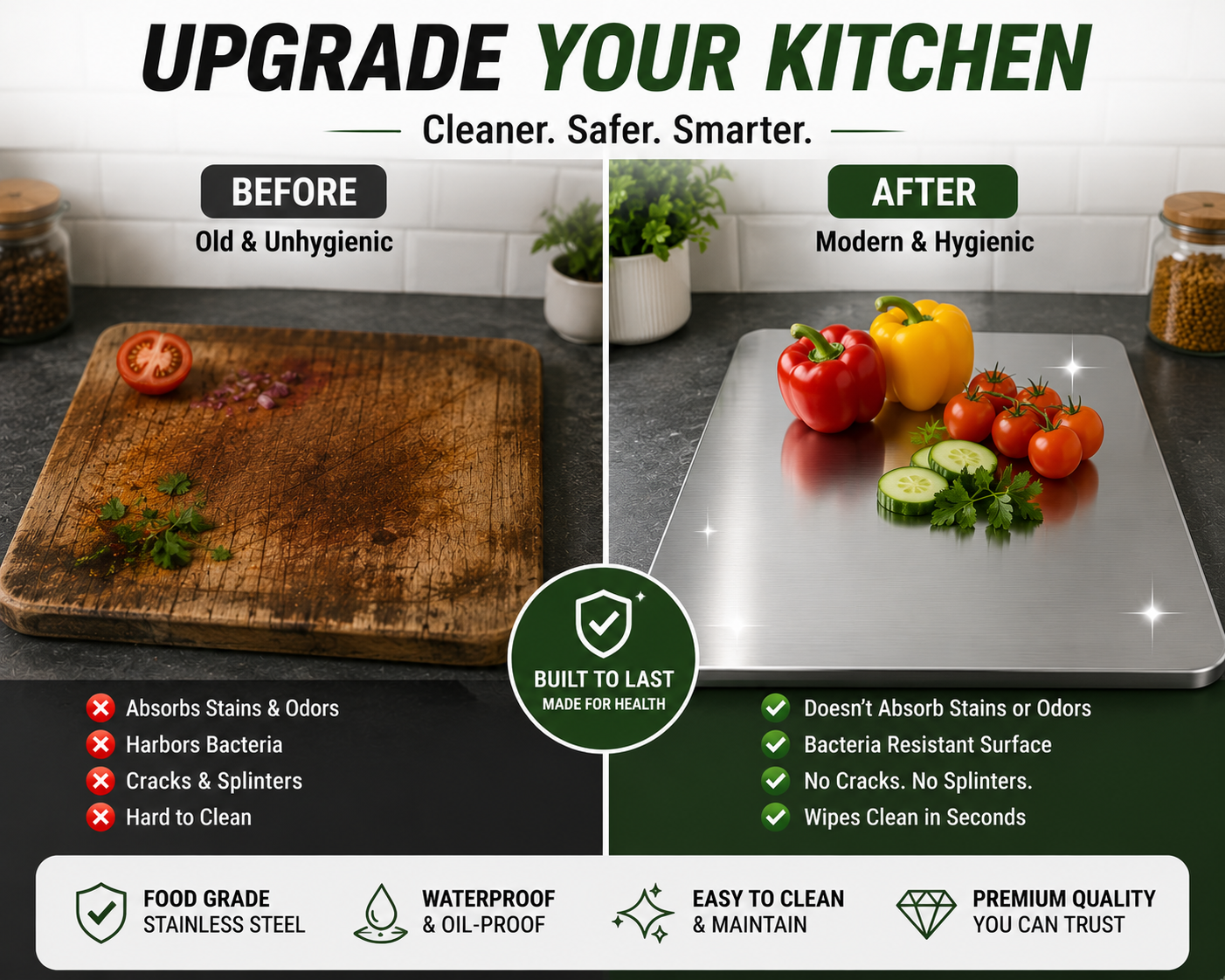 Premium Stainless Steel Countertop Chopping Board | Food-Grade Kitchen Cutting Board