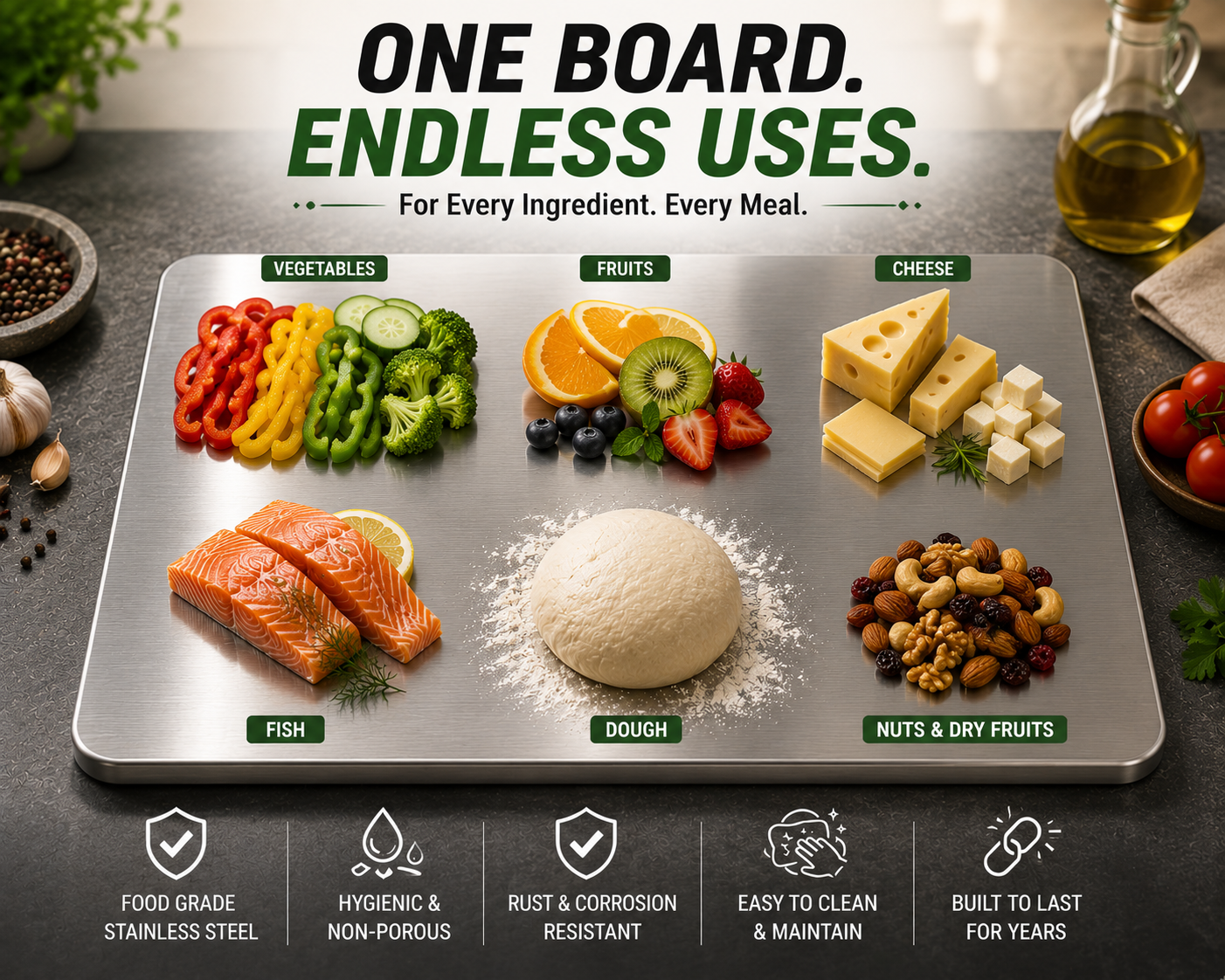 Premium Stainless Steel Countertop Chopping Board | Food-Grade Kitchen Cutting Board