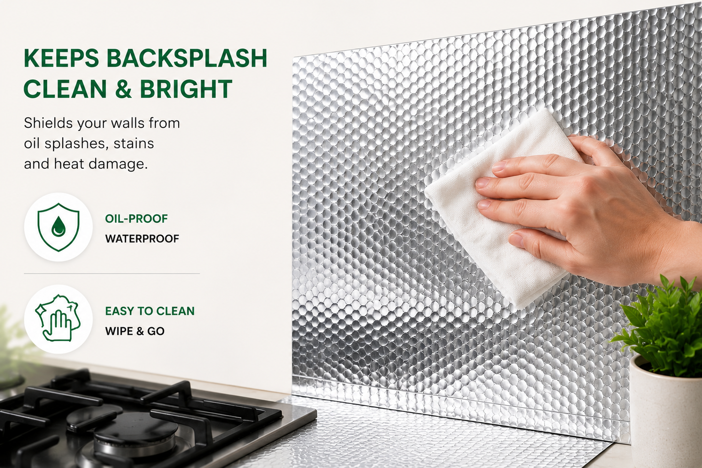 Self-Adhesive Aluminum Foil Kitchen Backsplash Roll | Oil & Waterproof | Heat Resistant | Easy Peel & Stick