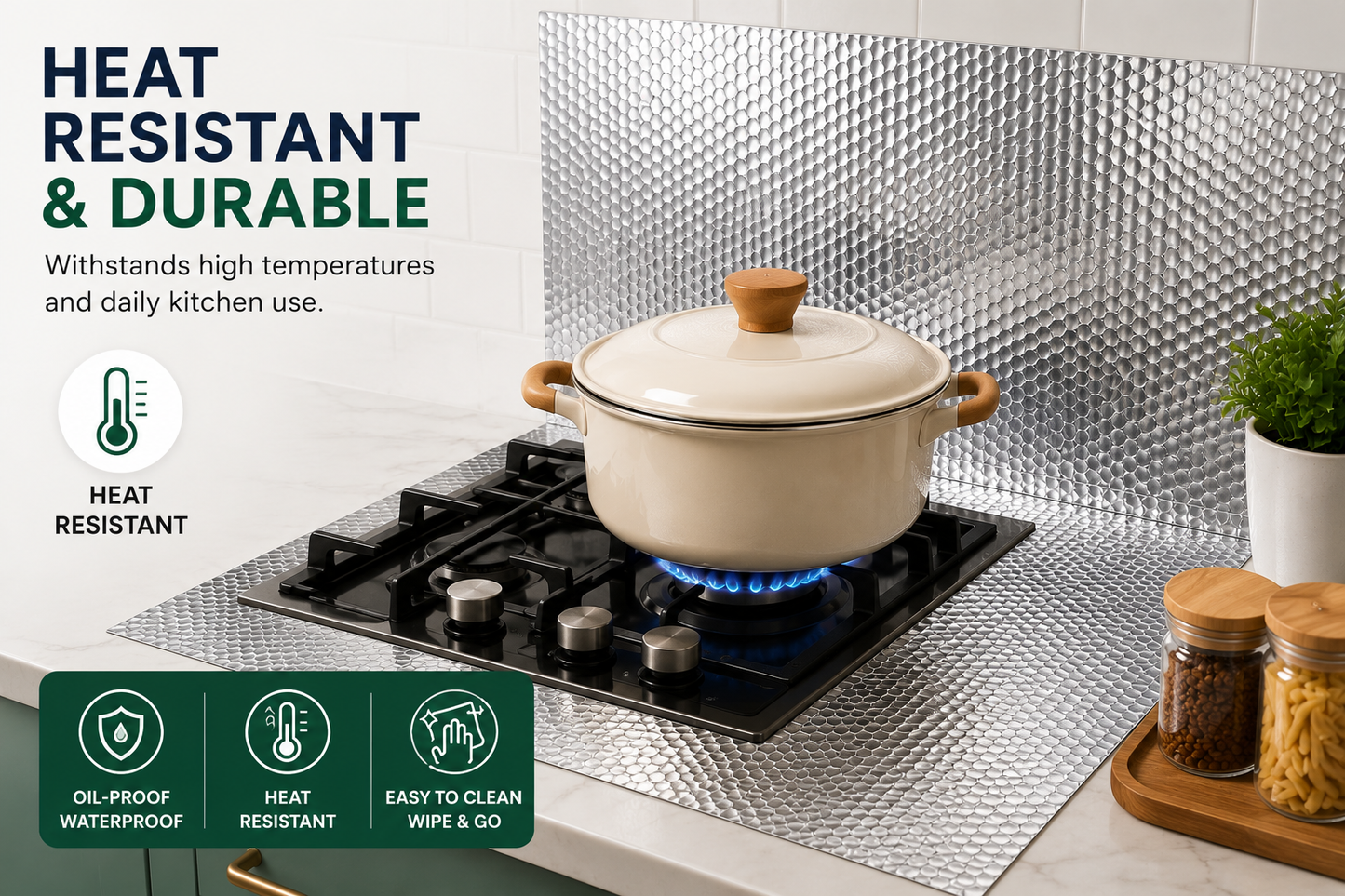 Self-Adhesive Aluminum Foil Kitchen Backsplash Roll | Oil & Waterproof | Heat Resistant | Easy Peel & Stick