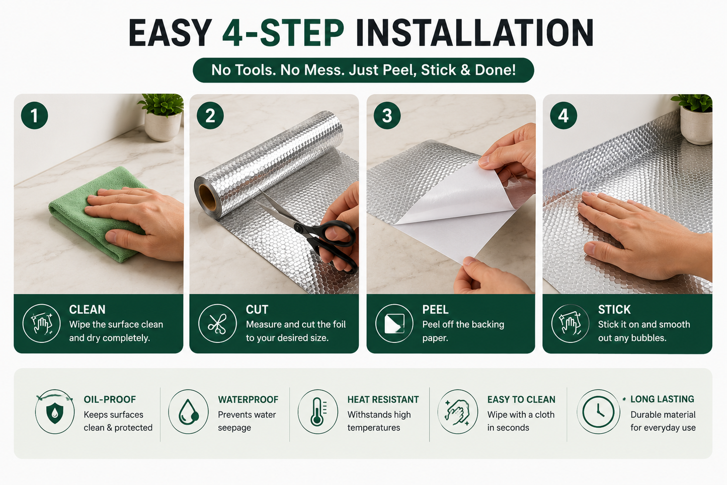 Self-Adhesive Aluminum Foil Kitchen Backsplash Roll | Oil & Waterproof | Heat Resistant | Easy Peel & Stick
