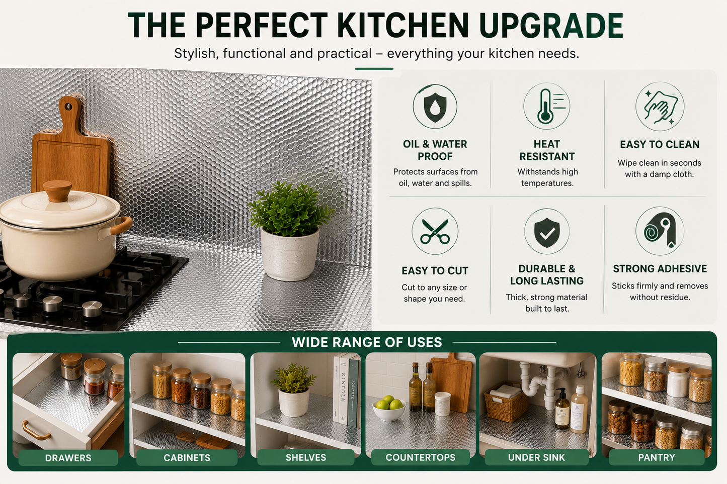 Self-Adhesive Aluminum Foil Kitchen Backsplash Roll | Oil & Waterproof | Heat Resistant | Easy Peel & Stick
