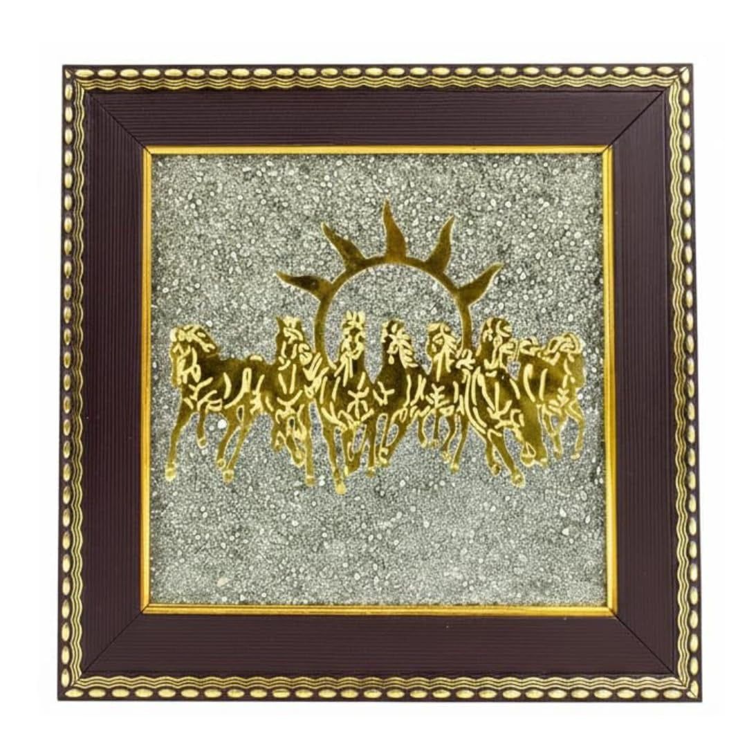 BharatYug Seven Running Horses Pyrite Frame with Sun to Attract Money, Protection and Chakra Healing