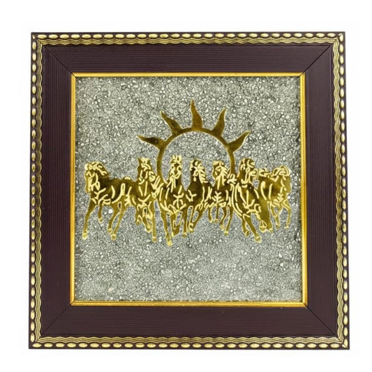 BharatYug Seven Running Horses Pyrite Frame with Sun to Attract Money, Protection and Chakra Healing
